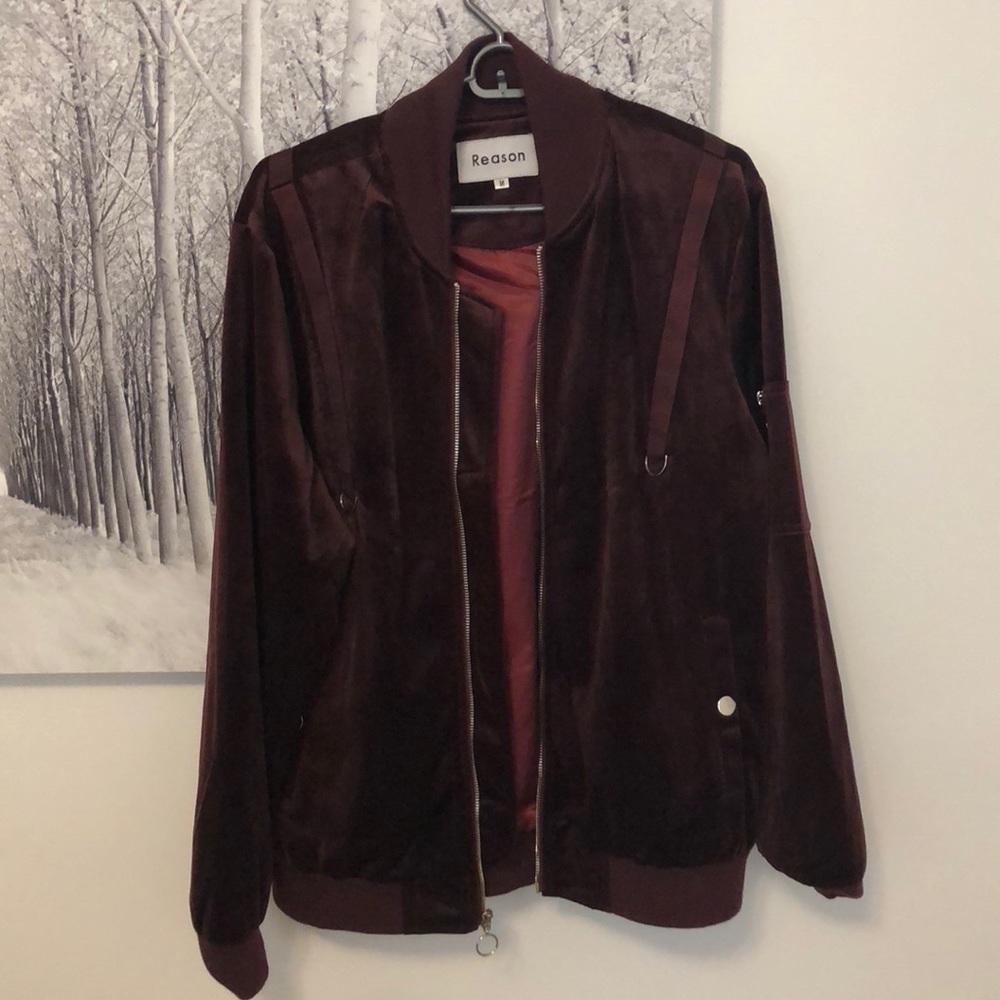 Reason Bomber Jacket in a Wine Purple Color.